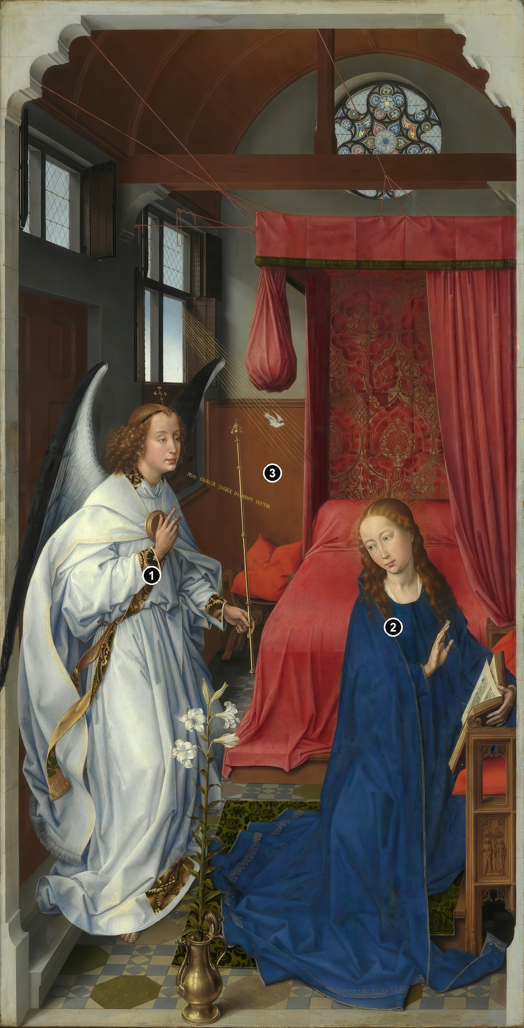 Annotated details from Left Panel: The Annunciation by Rogier van der Weyden